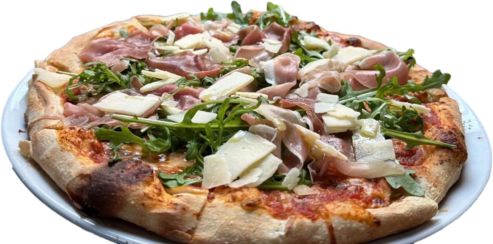 A wood-blistered pizza topped with Parma ham, rocket and Parmesan shavings from Fabio's kitchen